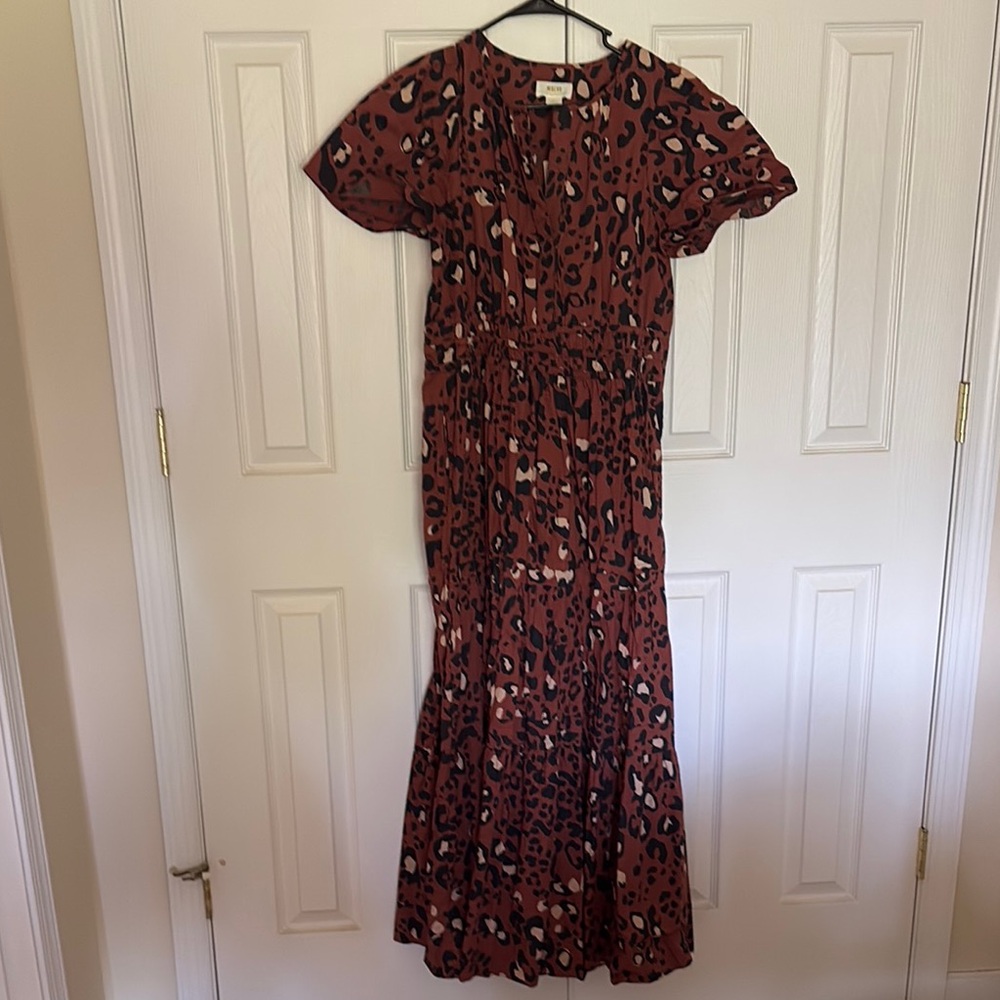Anthropologie White and Brown Animal Print Ruffled Tiered Maxi Dress